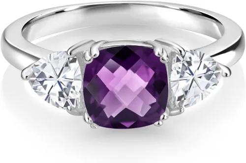 Vista 41 de 925 Sterling Silver Gemstone Birthstone and White Moissanite 3-Stone Engagement Ring for Women 7MM Cushion and 5MM Trillion Accents Three Stone
