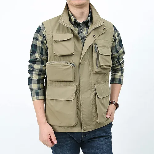 Vista 3 de BOOMLEMON Chaleco casual de trabajo al aire libre para hombre, chaleco de tiro para pesca de safari, chaqueta ligera de viaje con múltiples bolsillos