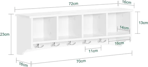 Vista 3 de Haotian - Estantería de pared blanca con ganchos para abrigos, perchero de pared para entrada, unidad de almacenamiento con 4 compartimentos y 5