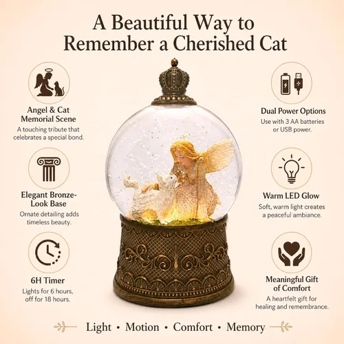 Vista 4 de Regalos conmemorativos para gatos por pérdida de condolencias, globo de nieve con purpurina giratoria automática y temporizador de 6 horas