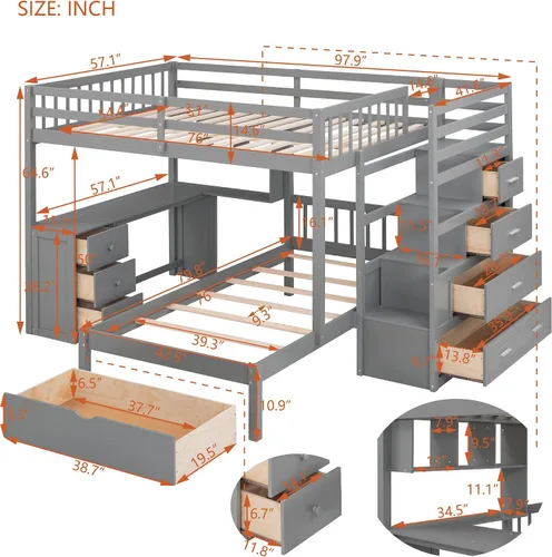 Vista 2 de RUNNA Litera matrimonial sobre individual con escritorio, cajones y escaleras, litera de madera maciza para niños, niñas, adolescentes y adultos