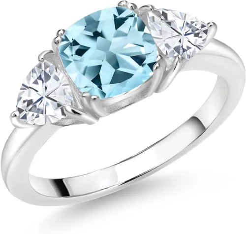 Vista 25 de 925 Sterling Silver Gemstone Birthstone and White Moissanite 3-Stone Engagement Ring for Women 7MM Cushion and 5MM Trillion Accents Three Stone