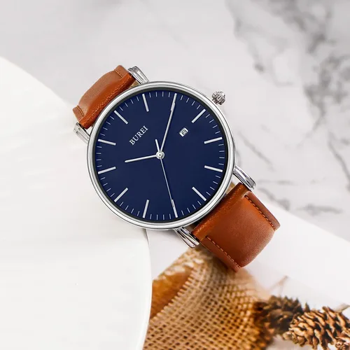Vista 2 de BUREI - Reloj de pulsera analógico para hombre con fecha, extensible de malla de acero inoxidable