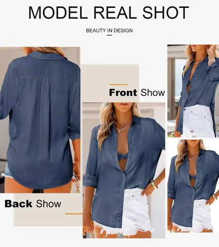 Vista 5 de Astylish Blusa casual de manga larga para mujer, cuello en V, elegante, con botones