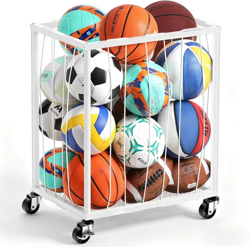 Vista 9 de TomCare Estante de almacenamiento rodante para pelotas de garaje, soporte de baloncesto de gran capacidad con cuerda elástica