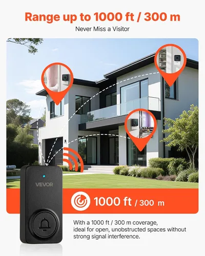 Vista 2 de VEVOR Kit de timbre inalámbrico, IP54 resistente al agua con rangos de hasta 1000 pies, 5 volúmenes ajustables, 48 tonos de llamada, fácil