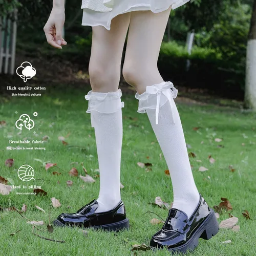 Vista 2 de SRYL Calcetines altos de algodón para mujer y niña con encaje con volantes, calcetines de pantorrilla, estilo lazo..