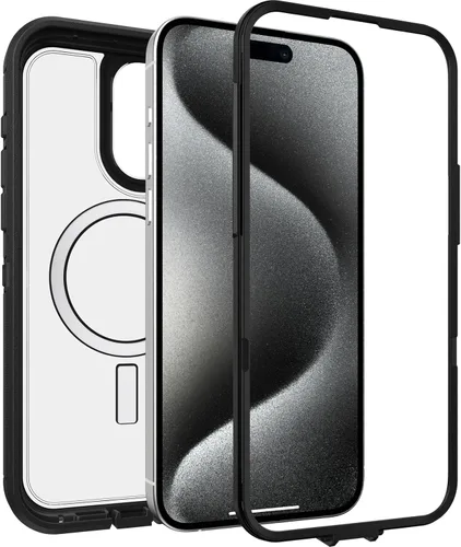 Vista 4 de OtterBox Funda transparente para iPhone 15 Pro MAX (solamente) Defender Series XT, lado oscuro (negro/transparente), sin pantalla, resistente, se