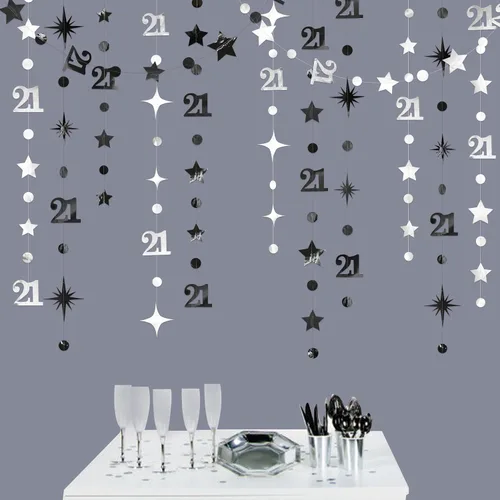 Vista 6 de Guirnalda de número 21 en negro con puntos circulares y estrellas centelleantes, metálica, para colgar, banderines, banner, telón de fondo