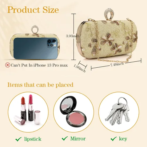 Vista 2 de Bolso de mano dorado para mujer bolso de noche pequeño con asa superior bordado floral bolsa cruzada para boda cóctel fiesta baile de graduación