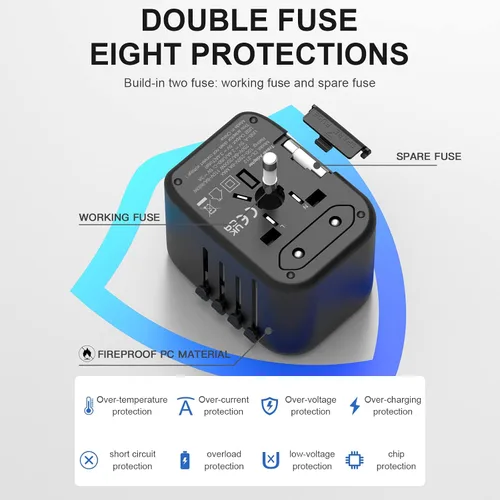 Vista 3 de Adaptador de Viaje Universal, VYLEE 5 en 1 Adaptador de Corriente Internacional, 3.5A 2xUSB-A y 2xUSB-C Cargador de Pared, Enchufe Esencial de Viaje