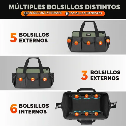 Vista 4 de Kingfun Bolsa de herramientas resistente de 16 pulgadas con 14 bolsillos, organizador de bolsa de herramientas de boca ancha con correa de hombro