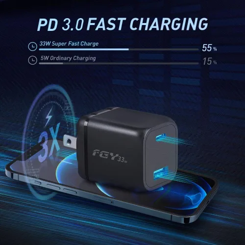 Vista 3 de FGY Cargador de pared USB C, cargador rápido GaN II de 30 W, bloque de carga de doble puerto, carga rápida para iPhone17/16/15/14/Pro Negro-Paquete