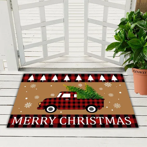 Vista 4 de AZNWXY Tapete de puerta de búfalo de Navidad – Felpudo de Navidad Felpudo de Navidad Felpudo de bienvenida de Navidad a cuadros Tapete de árbol