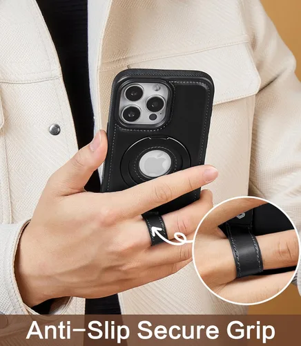 Vista 3 de Butaiga - Funda para iPhone 12 Pro Max con correa de cuero, soporte de anillo, color negro Finger Loop, Relieve Smartphone Pinky Strain