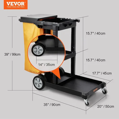 Vista 6 de VEVOR Carrito de limpieza, carrito de limpieza comercial de 3 estantes, carrito de plástico de limpieza de 200 libras de capacidad, con bolsa de PVC