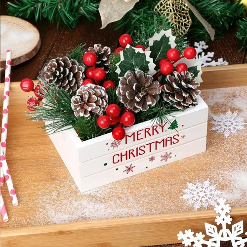 Vista 4 de 26 piezas de decoración de centro de mesa de Navidad, mini decoración de bandeja escalonada de Navidad, flor artificial de pino con piñas y bayas