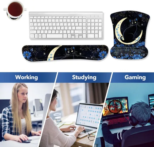 Vista 6 de AIMSA Alfombrilla de mouse con reposamuñecas, juego de alfombrillas de mouse con soporte de muñeca de gato negro, alfombrilla ergonómica con base
