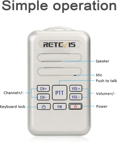 Vista 2 de Retevis Walkie Talkies RT20 para adultos, Walkie Talkie pequeño portátil para personas mayores de edad avanzada, sonido fuerte, FM, mini radios