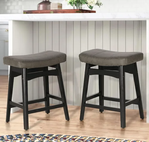 Vista 24 de Taburete de bar gris de madera maciza para encimera de cocina, taburete de bar con asiento de cuero sintético, taburete tapizado para isla de 34 a