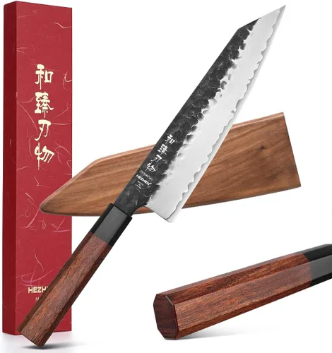 Vista 14 de Juego de cuchillos de cocina 4 piezas, cuchillo de chef de acero revestido Nakiri forjado Santoku, mango octogonal de madera