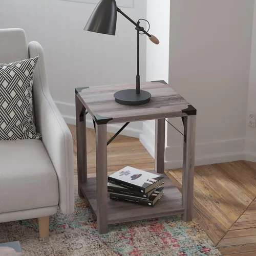 Vista 8 de Flash Furniture Wyatt - Mesa auxiliar moderna de 2 niveles, marco de madera de ingeniería gris lavado, soportes laterales entrecruzados de metal