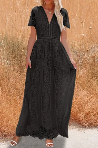 Vista 7 de PRETTYGARDEN - Vestido largo de encaje floral para mujer, manga corta, cuello en V, vestidos de fiesta para boda y para la noche