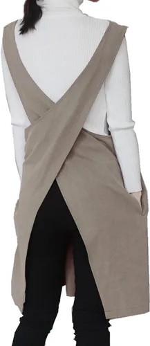 Vista 11 de Delantal de algodón y lino estilo japonés con espalda cruzada, con dos bolsillos, estilo X