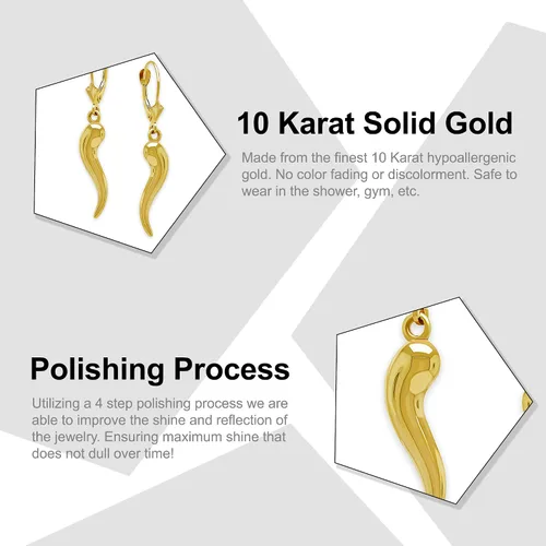 Vista 2 de Pendientes de cuerno italiano de oro de 10 quilates - Pendientes colgantes - Pendiente Cornicello