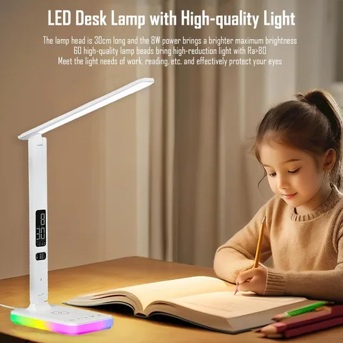 Vista 4 de Lámpara de escritorio LED con carga inalámbrica y por cable, luz de mesa plegable, 5 modos de brillo y 3 modos de iluminación, pantalla de tiempo