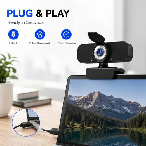 Vista 3 de Cámara Web 1080P para Computadora/Laptop/Escritorio/PC, Cámara Externa con Micrófono, USB Plug&Play, Corrección Automática de Baja Luz, Cubierta