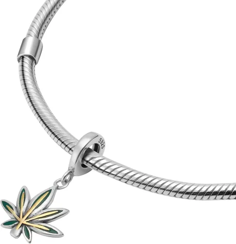 Vista 2 de Cuentas de plata de ley 925 de hiphop de hojas de cáñamo malas hierbas para pulseras o collares Pandora y similares, Plata, Sin gemas.