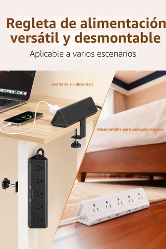 Vista 3 de Regleta de alimentación con abrazadera de escritorio de 6.5 pies con 5 salidas de CA y 6 puertos USB PD de 40 W USB-C de carga rápida, cable de Negro