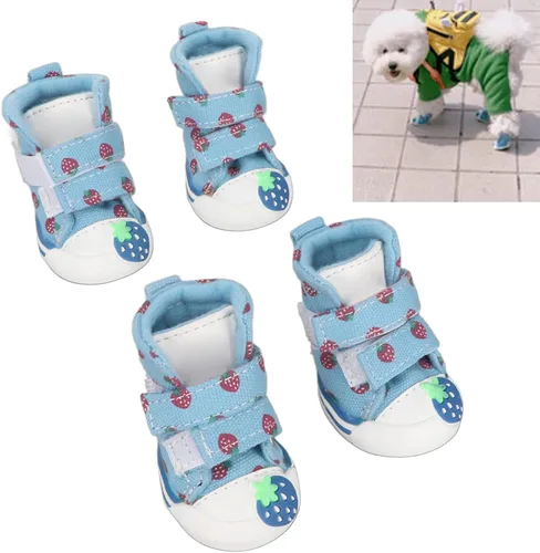 Vista 5 de TITA-DONG Zapatos para perros pequeños, botas transpirables para el pavimento caliente de verano, lindas botas de lona antideslizantes cómodas