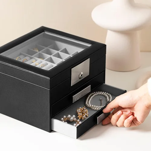 Vista 4 de Oyydecor Joyero con tapa de cristal organizador de joyas de piel sintética de 3 niveles con 2 cajones estuche de joyería portátil grande