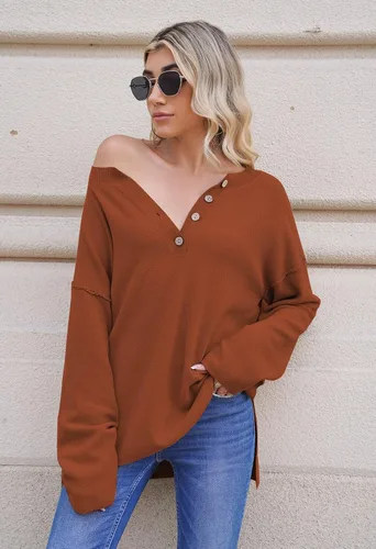Vista 5 de Pink Queen Suéter de punto con cuello en V para mujer, de gran tamaño, manga larga tipo murciélago, estilo Henley