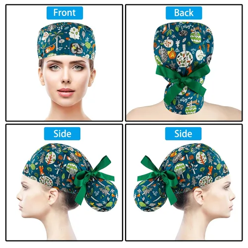 Vista 8 de Gorras médicas para mujer, gorras para enfermeras, gorra de trabajo ajustable, bolsa de cola de caballo, sombreros con lazo en la espalda