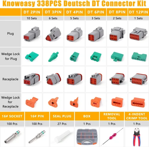 Vista 2 de Knoweasy Kit de conectores DT Deutsch de 338 piezas, conectores de 2/3/4/6/8/12 pines, herramienta de prensado Deutsch, herramienta de extracción