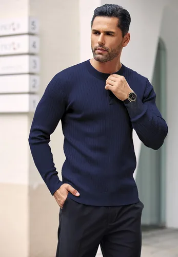 Vista 2 de COOFANDY Suéter de punto Henley para hombre, manga larga, con botones, ligero, para otoño, ajustado, acanalado