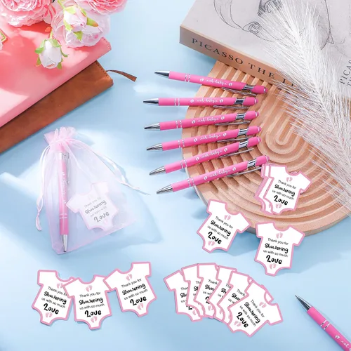 Vista 5 de Colarr Juego de 36 recuerdos de baby shower: bolígrafos rosados con tarjetas y bolsas de organza para invitados regalo y fiesta de revelación