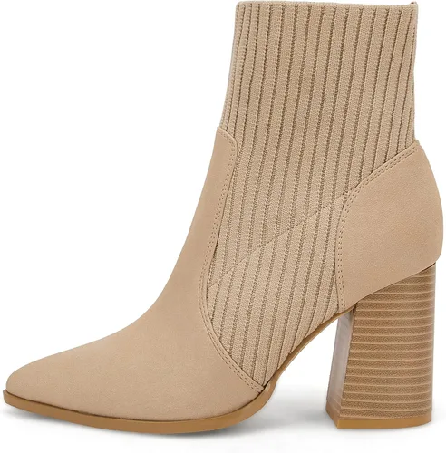 Vista 4 de Ermonn Botines de tacón alto con punta puntiaguda para mujer, con cremallera, tacón grueso, tejido elástico, para otoño e invierno