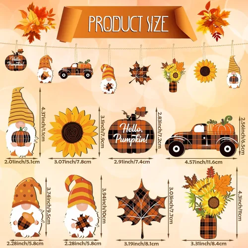 Vista 3 de Weysat 24 adornos de otoño para árbol de Acción de Gracias, gnomos de madera, adornos colgantes de gnomos de girasol, decoración de madera