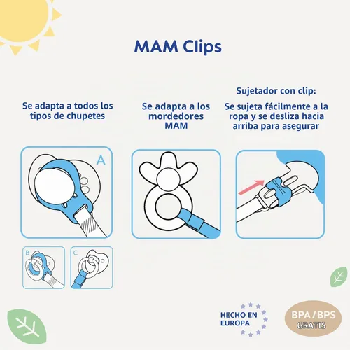Vista 2 de MAM 2 clips para chupetes con sujetadores y anillos flexibles para niños, los diseños pueden variar