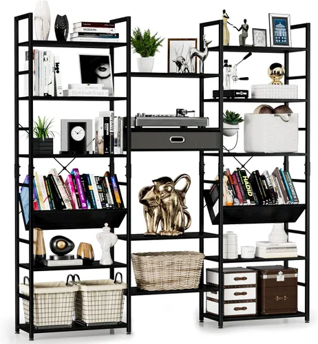 Vista 12 de NUMENN Estantería Triple Ancha de 5 Niveles, Librerías y Estanterías de Estilo Industrial Rústico con 14 Estantes de Exhibición Abiertos, Muebles