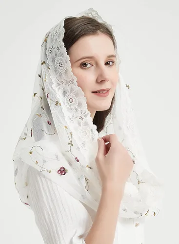 Vista 3 de Velos católicos para mujer, encaje de rosa, bordado infinito, forma de Mantilla velo cubierta de cabeza M3