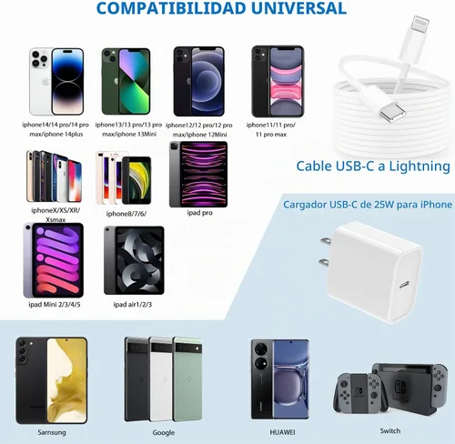 Vista 6 de Cargador de iPhone de 25 W, paquete de 2 adaptadores de carga rápida USB C de 25 W PD de pared con 2 cables tipo C a Lightning de 10 pies de largo