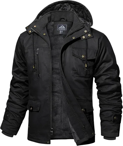 Vista 14 de MAGCOMSEN Chaqueta de invierno para hombre, con forro polar de algodón, chaquetas cálidas para trabajo, abrigos militares con 6 bolsillos