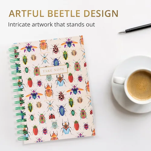 Vista 2 de Graphique Beetles - Diario en espiral de tapa dura, 160 páginas rayadas, cuaderno de tapa dura, diario, listas, registro de mes y fecha, papel