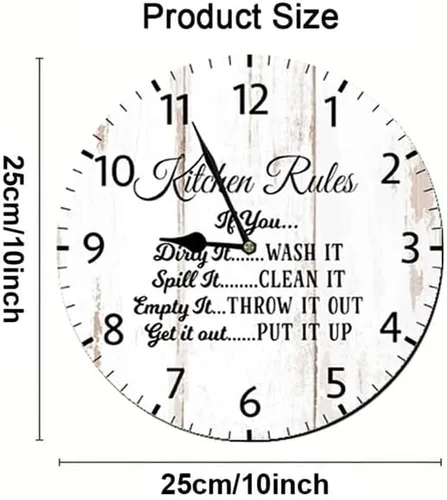 Vista 6 de Kitchen Rules - Reloj de pared de madera vintage, funciona con pilas, sin tictac, de 10 pulgadas, arte silencioso, rústico, para el hogar
