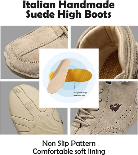 Vista 2 de JishinGal Botines Chukka casuales de gamuza con cordones para hombre, botas altas hechas a mano, zapatos deportivos para caminar al aire libre, sin